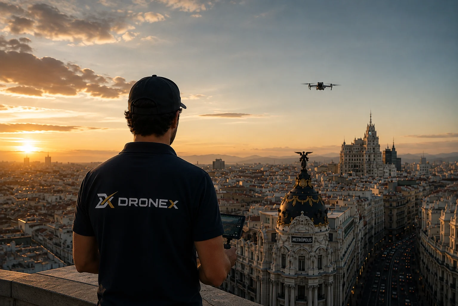 Piloto profesional de DRONEX operando un dron sobre Madrid