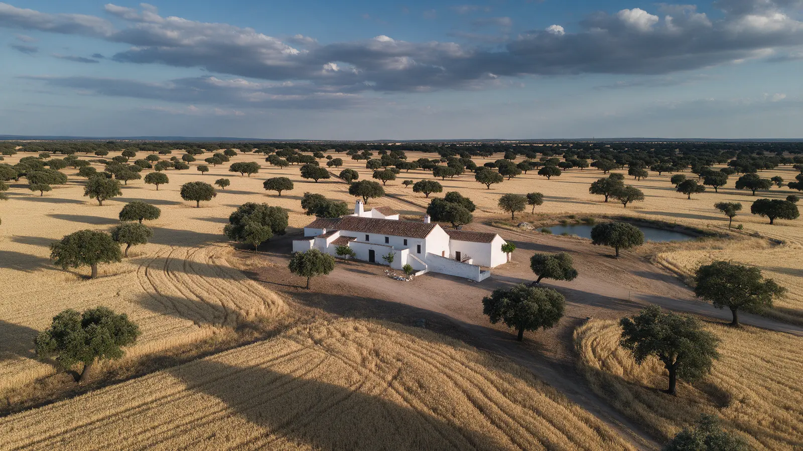 Cortijo entre campos de cereal y encinas