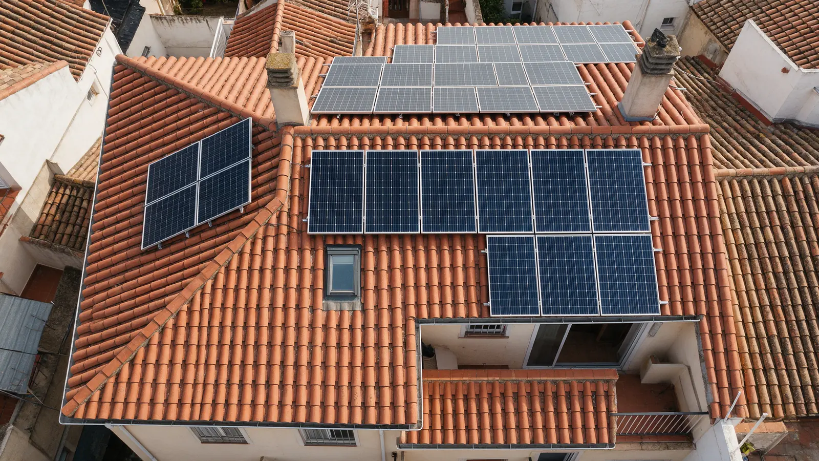 Cubierta de teja con placas solares vista en cenital