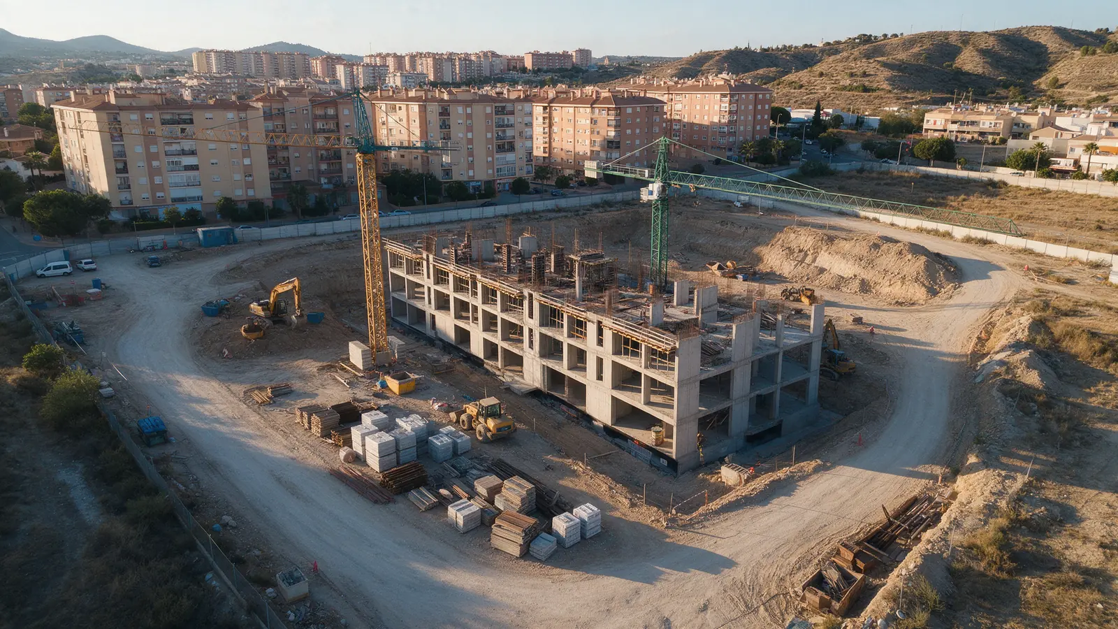 Vista aérea de una obra de edificación con grúas torre