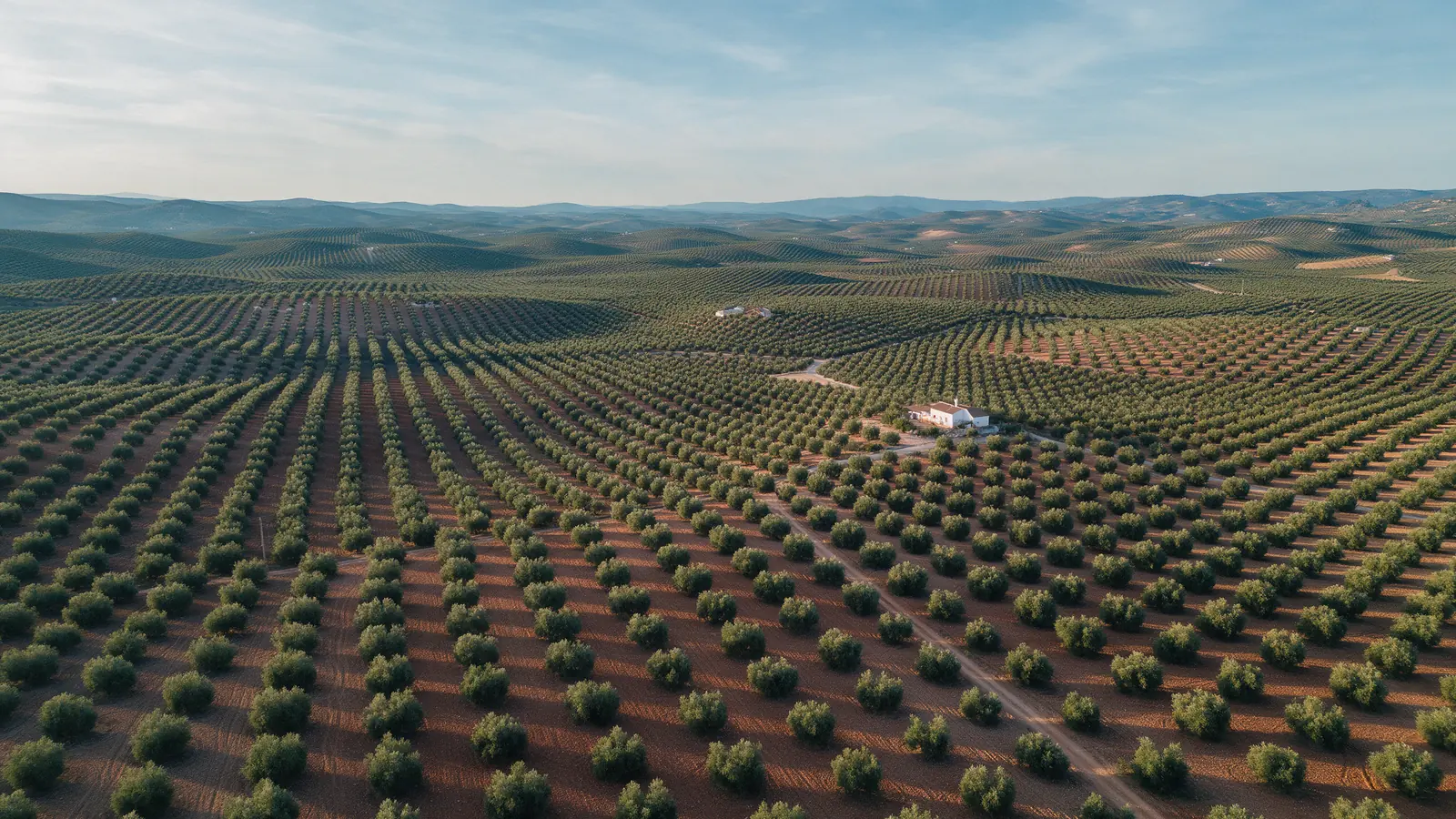 Olivares en hileras sobre tierra rojiza