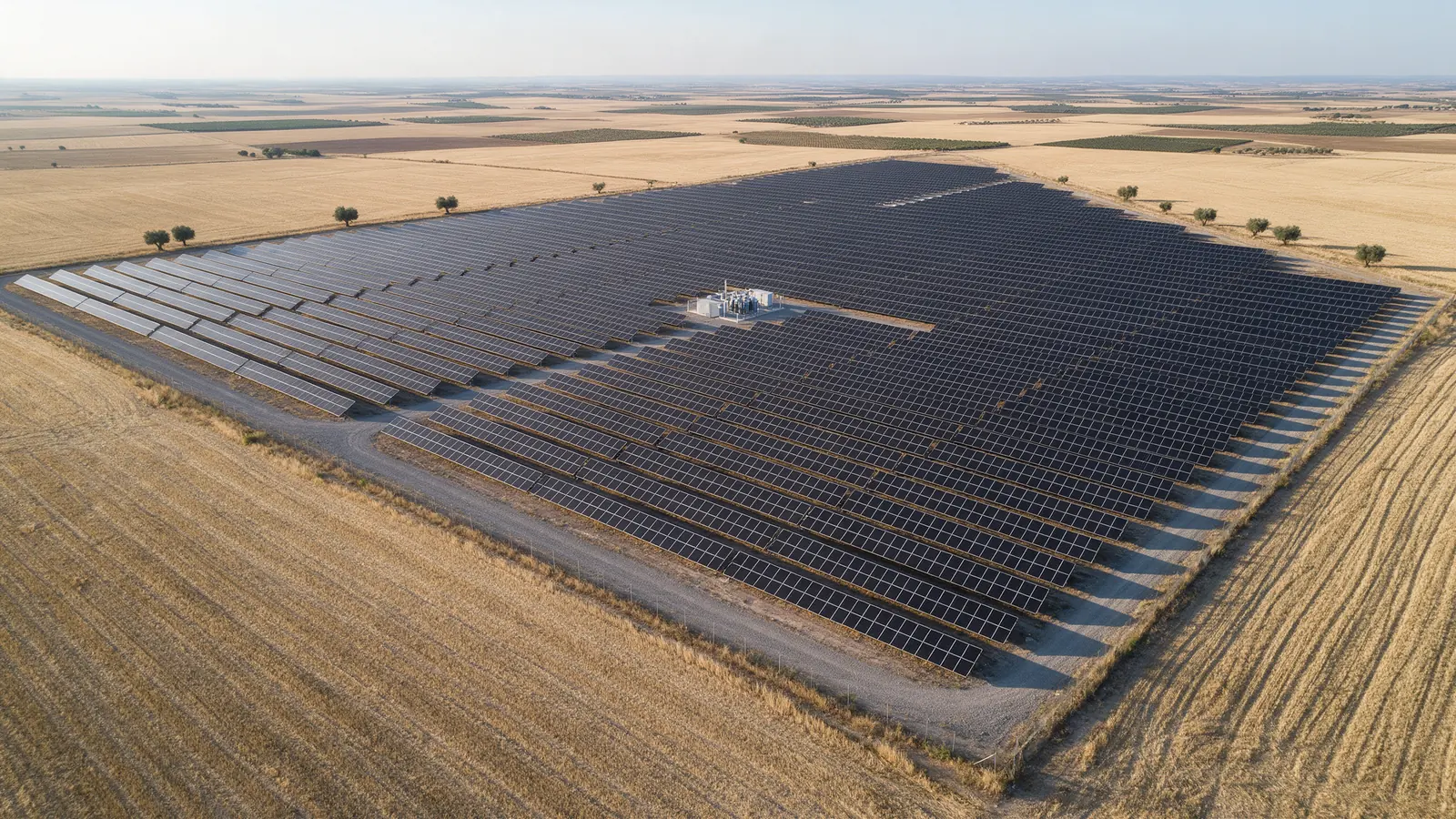 Vista aérea de una planta fotovoltaica en una llanura andaluza