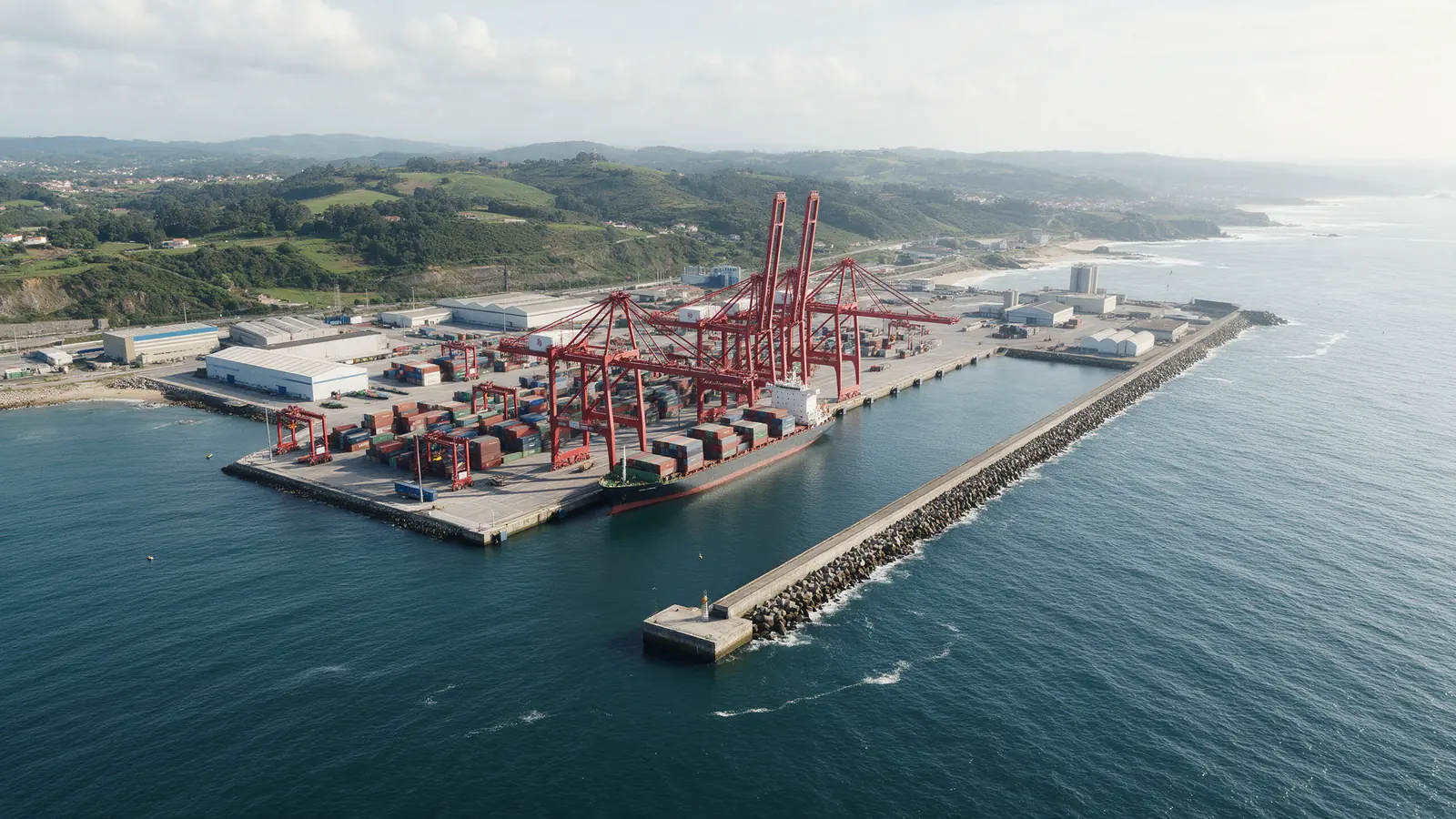 Puerto comercial con grúas y buque de carga