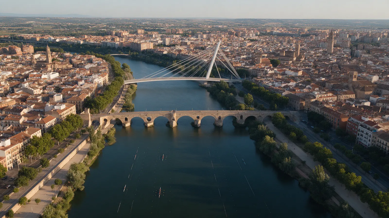 Río urbano con puente histórico y puente moderno