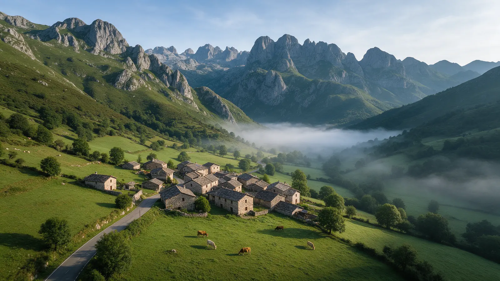 Valle verde con pueblo de montaña y picos calizos