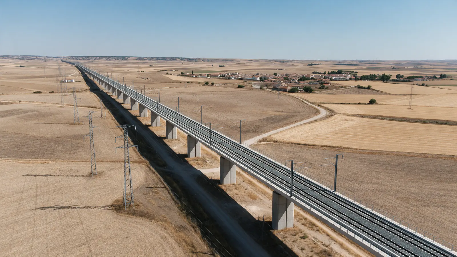 Railway viaduct and power line across the plain
